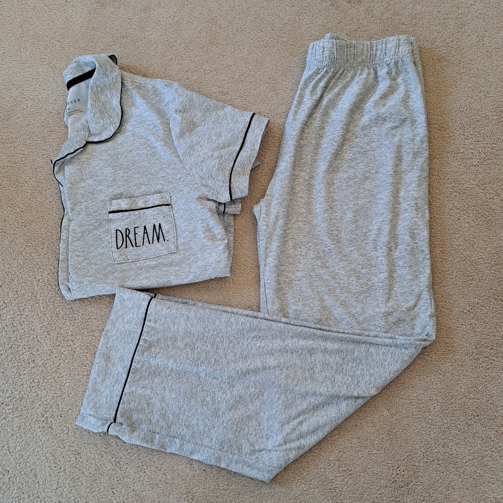 Rae Dunn Gray 2 Piece 'Dream' Pajama Set with Black Trim Women's Medium Comfy